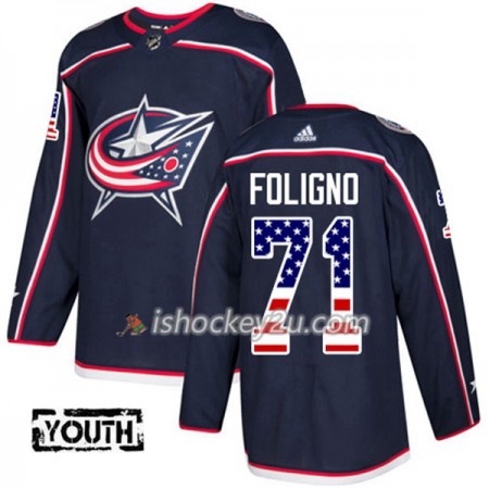 Børn NHL Blue Jackets Trøje Nick Foligno 71 Adidas 2017-2018 Marine Blå USA Flag Fashion Authentic